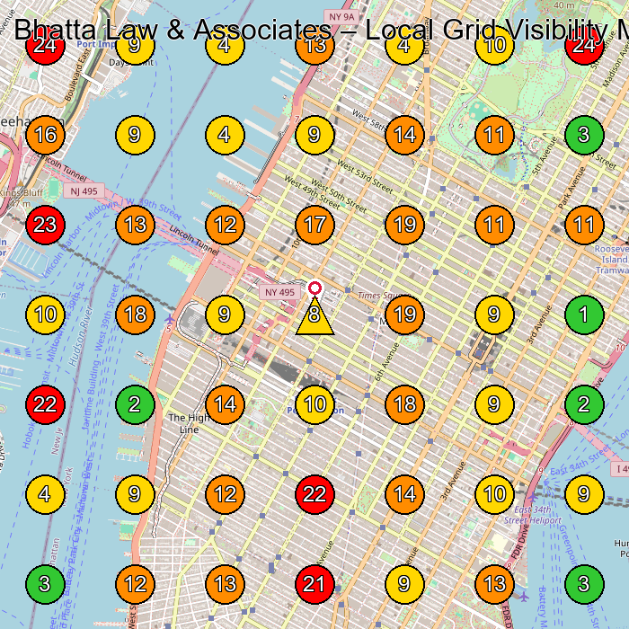 Bhatta Law & Associates Legal Services GeoGrid ranking map for New York NY